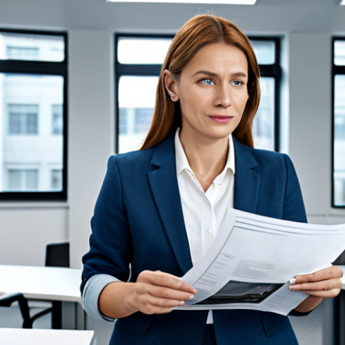 A government official presenting financial support documents for film production, inside a modern office, fully clothed, appropriate content, safe for work, professional.