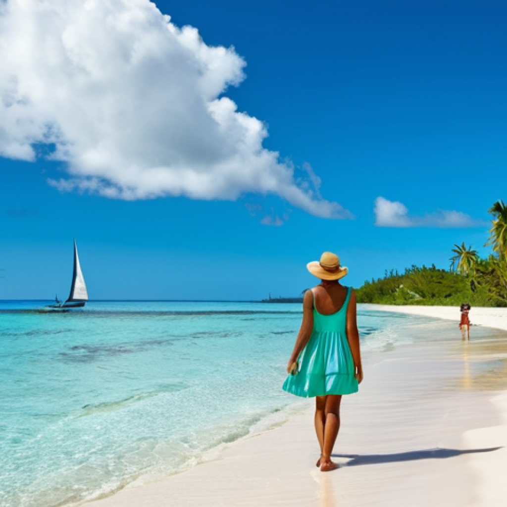 누벨칼레도니 입국 절차 - **Tropical Beach Scene:** A serene beach in New Caledonia with crystal-clear turquoise water, white ...