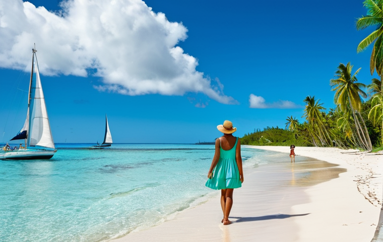 누벨칼레도니 입국 절차 - **Tropical Beach Scene:** A serene beach in New Caledonia with crystal-clear turquoise water, white ...